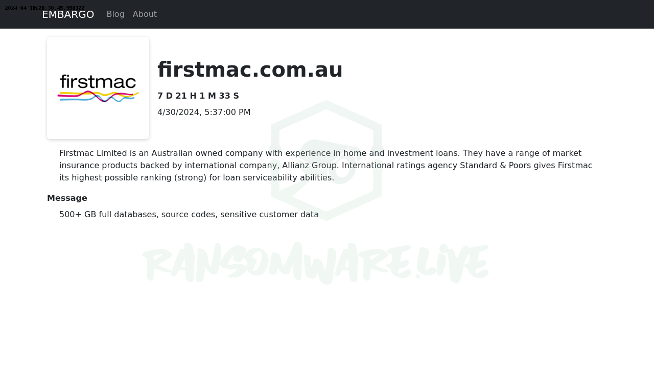 🏴‍☠️ Embargo has just published a new victim : firstmac.com.au
